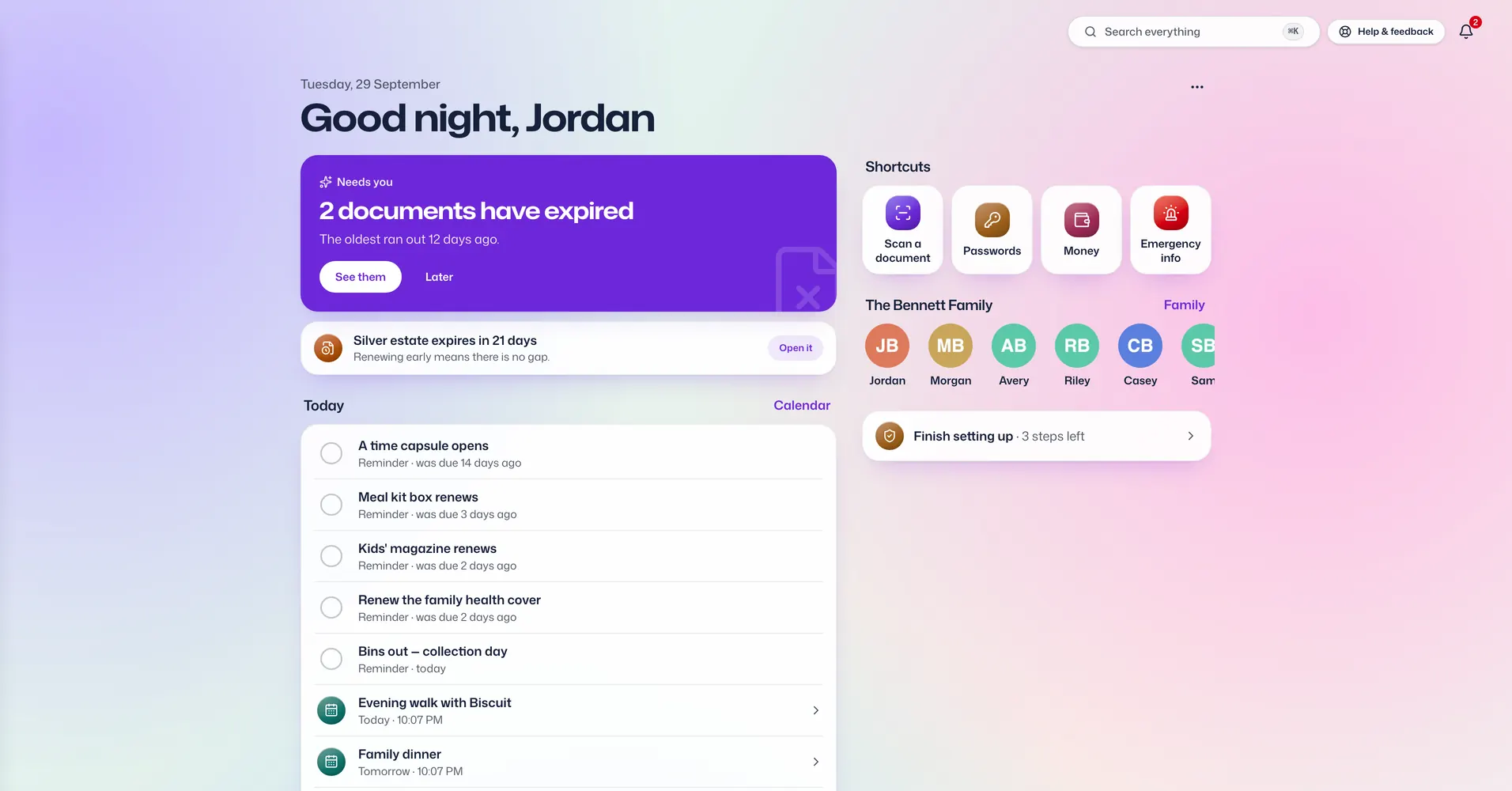 The Dashboard app in Vault For Us, screenshotted from the demo family.