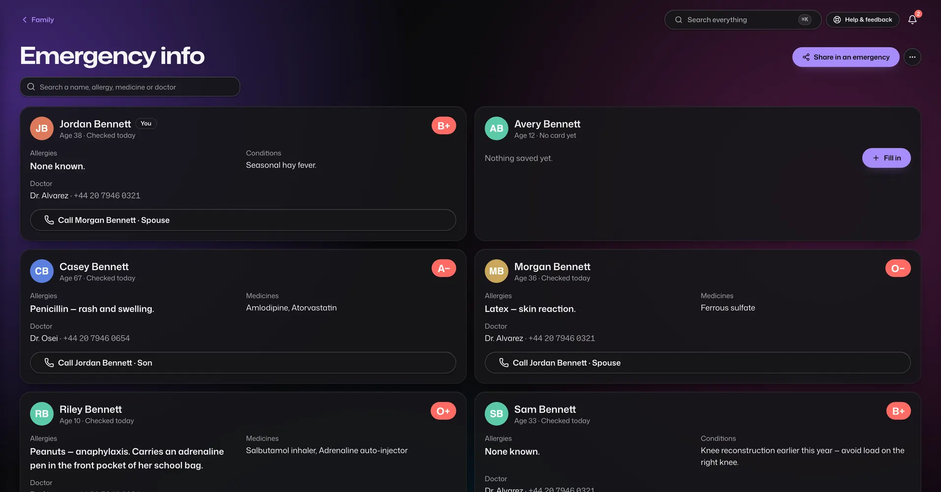 The Emergency Info app in Vault For Us, screenshotted from the demo family.