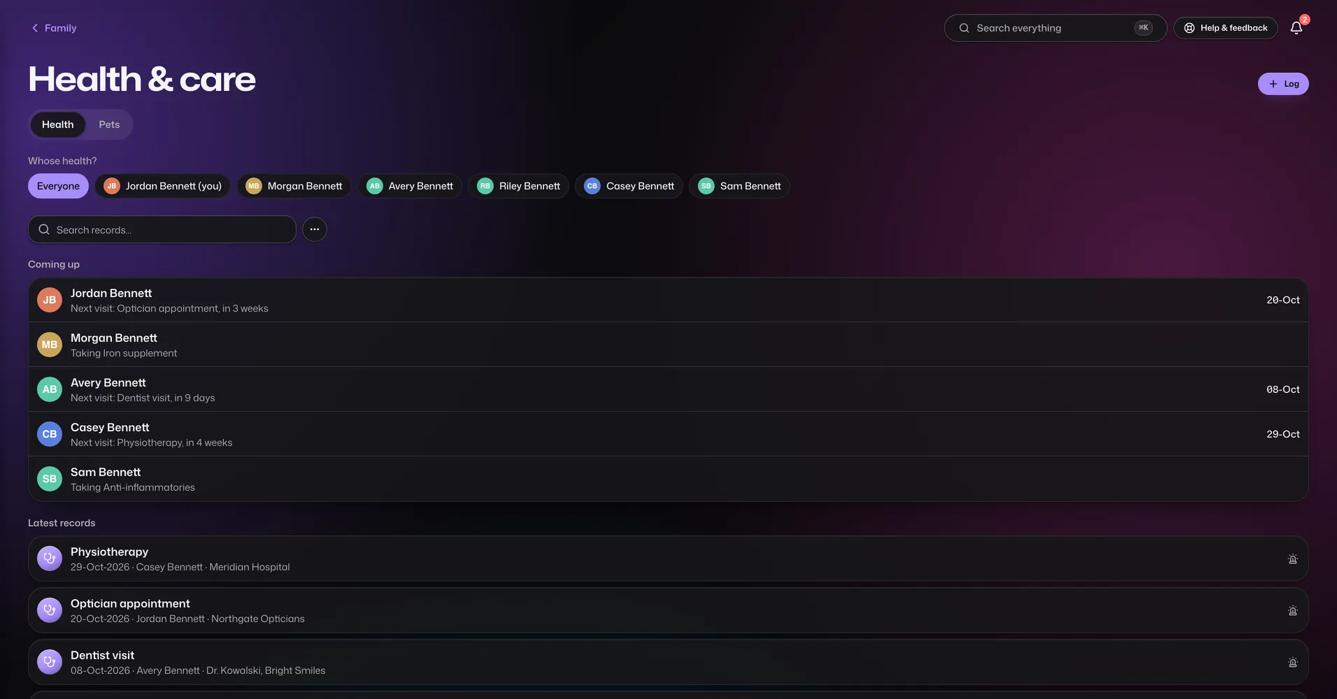 The Health app in Vault For Us, screenshotted from the demo family.