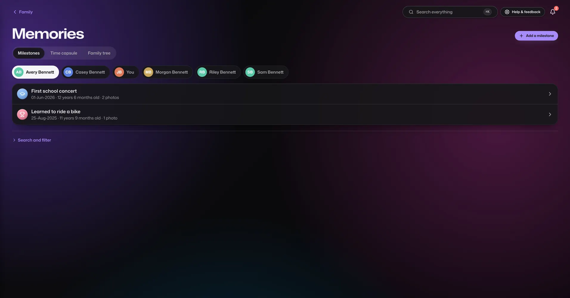 The Milestones app in Vault For Us, screenshotted from the demo family.