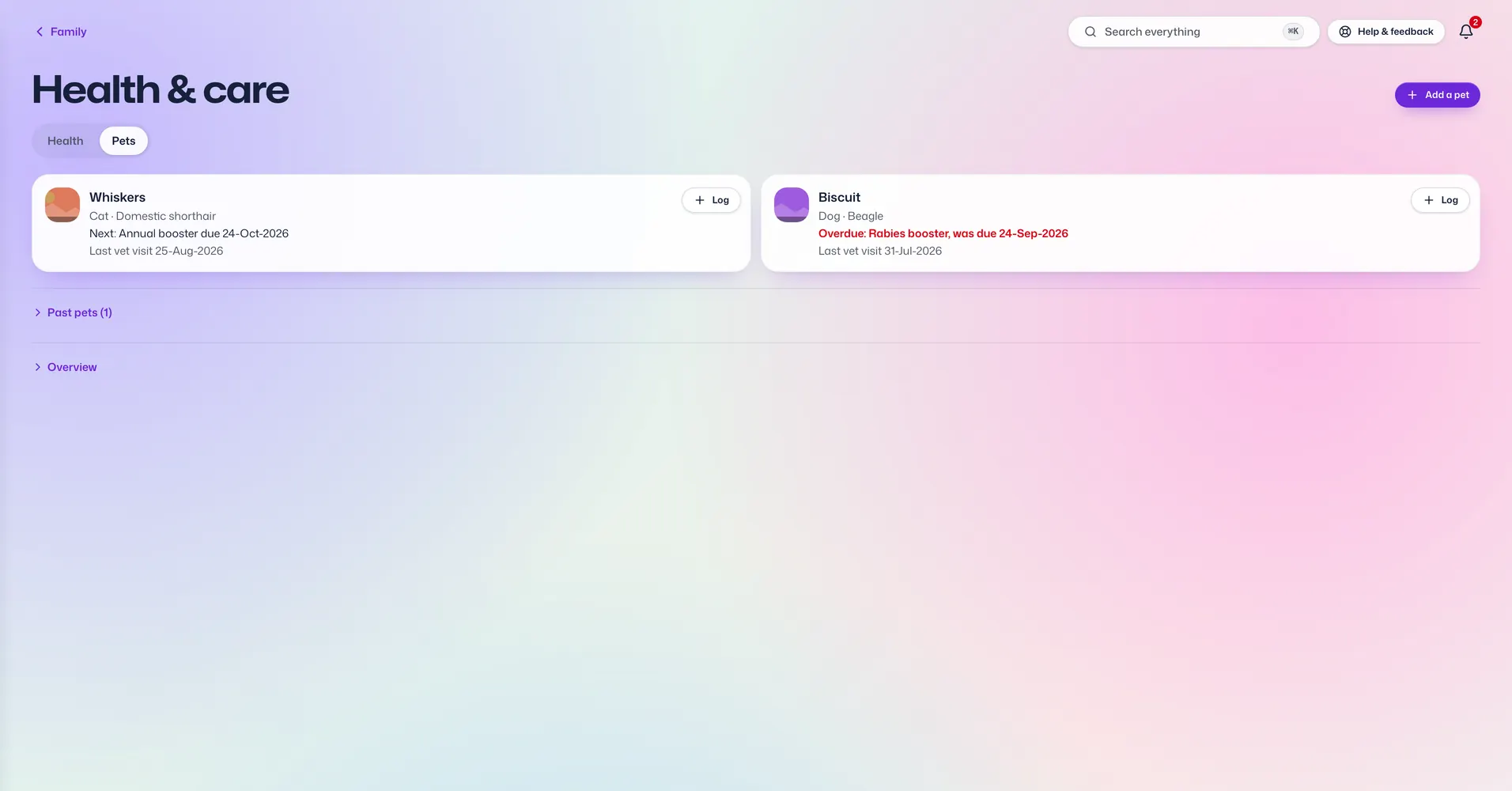 The Pets app in Vault For Us, screenshotted from the demo family.